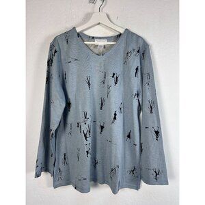 David Dart Effortless Style Womens Blue Long Sleeve Graphic Print Top Large